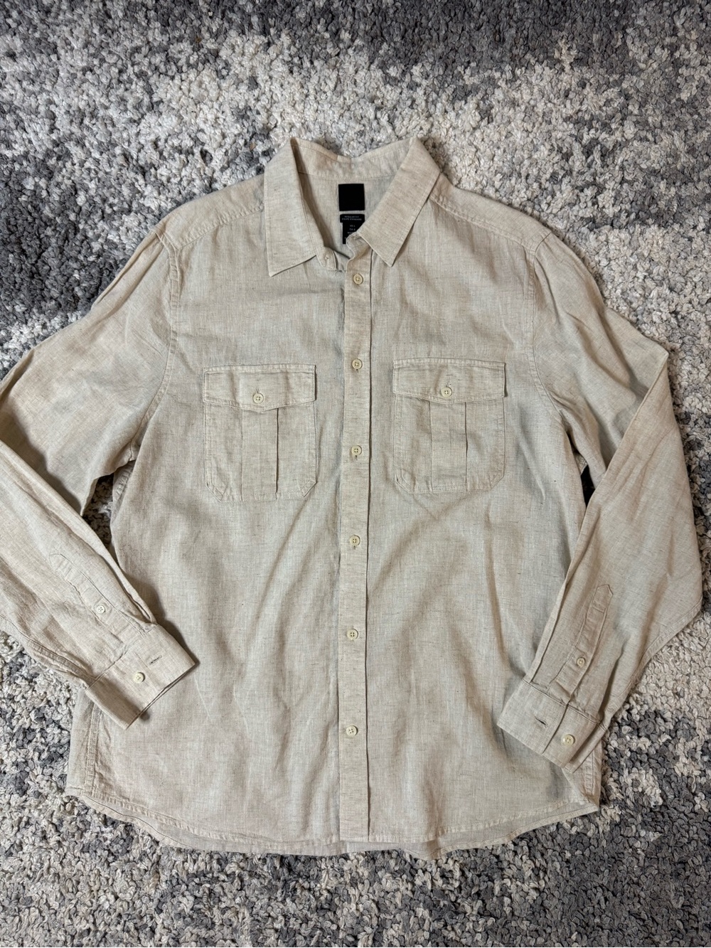 H&M, Men's Neutral Beige Line Regular Fit Casual Button-Up Shirt, Large